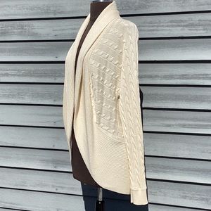 Lauren Ralph Lauren Open Shawl Collar Cable Knit Cream Sweater Size Medium
